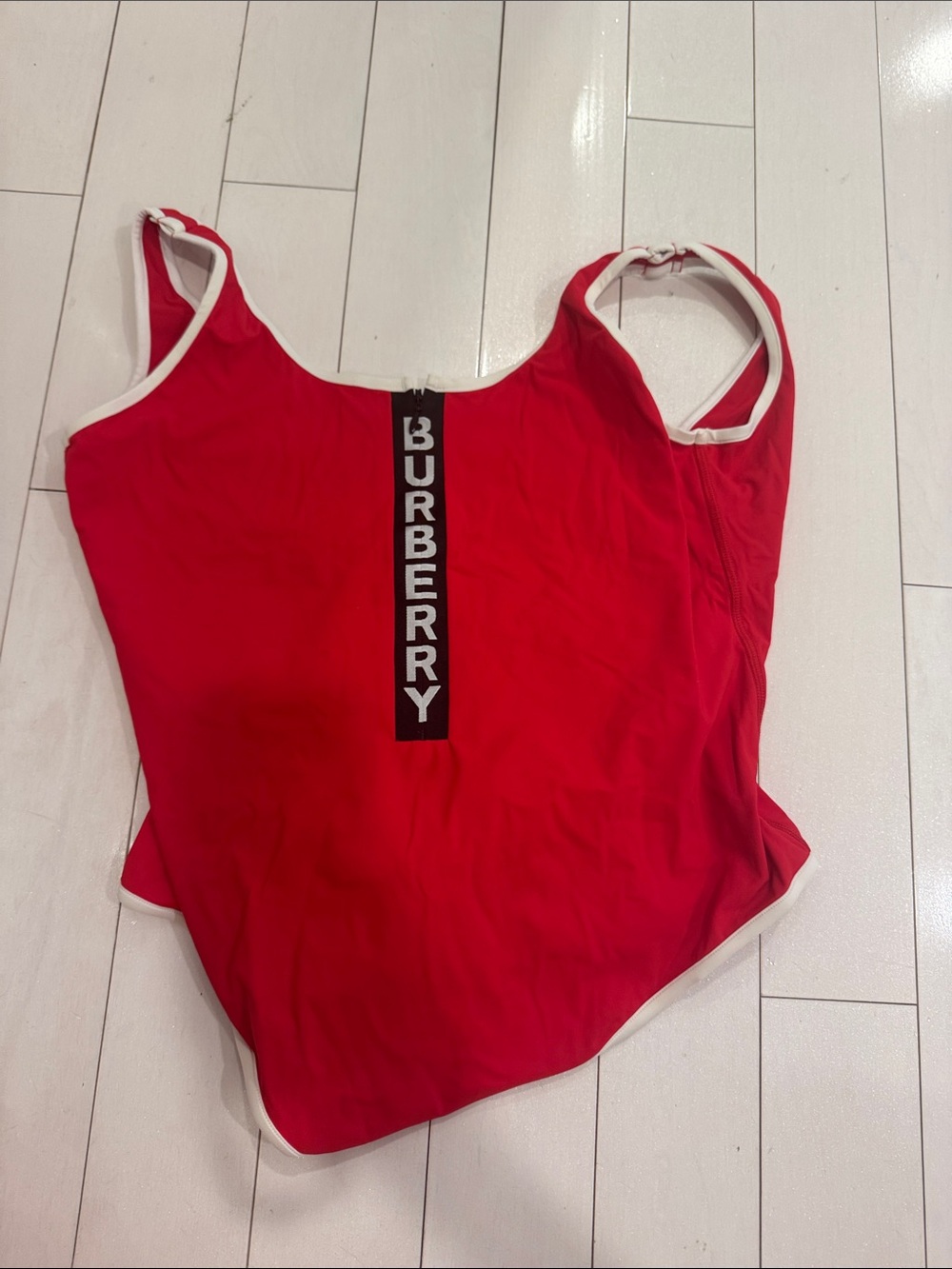 Burberry Red One-Piece Swimsuit with White Trim and Logo Strip
